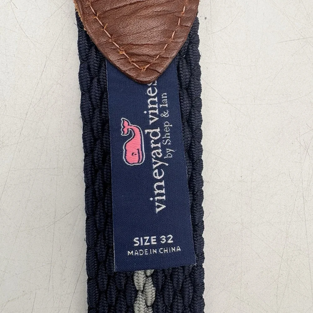 Vineyard Vines Stretch Braided Belt Size 32 Blue Gray Leather Casual Preppy